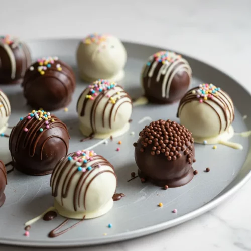 A close-up shot of several no-bake Oreo truffles. The truffles are spherical and covered in dark and white chocolate, decorated with colorful sprinkles, chocolate drizzle, and mini chocolate spheres. They are arranged on a matte tray, with a shallow depth of field focusing on the front row of truffles.