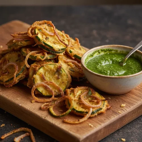 Close-up of golden-brown Onion Bhaji with Mint Chutney served on a wooden cutting board. The onion pakoras are crispy and slightly oily, next to a vibrant green chutney.