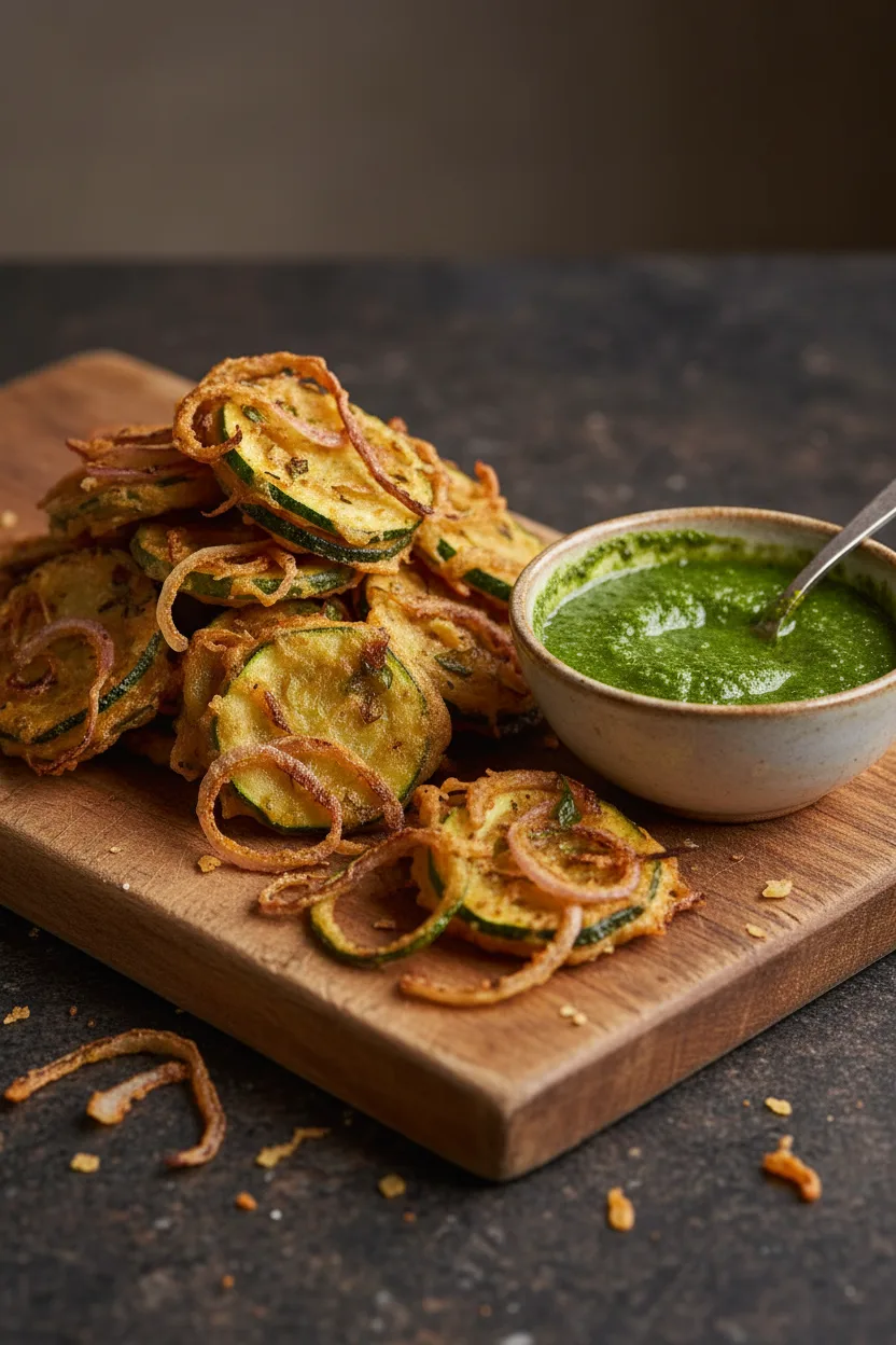 Close-up of golden-brown Onion Bhaji with Mint Chutney served on a wooden cutting board. The onion pakoras are crispy and slightly oily, next to a vibrant green chutney.