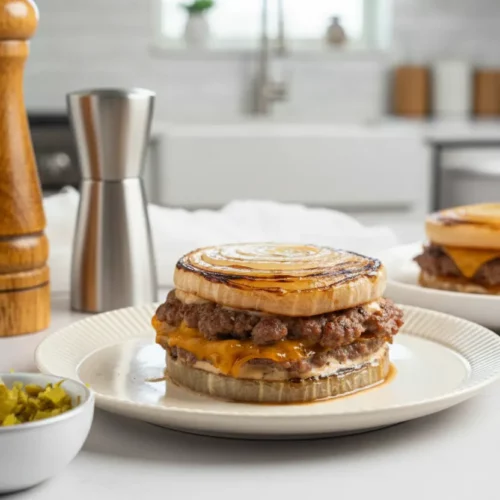 An Onion Wrapped Flying Dutchman burger features two thick-cut, caramelized onion slices serving as the bun, encasing a juicy beef patty and melted cheese, all topped with a creamy sauce. It's served on a light gray textured surface with a blurred background including a pepper mill and a bowl of pickles.