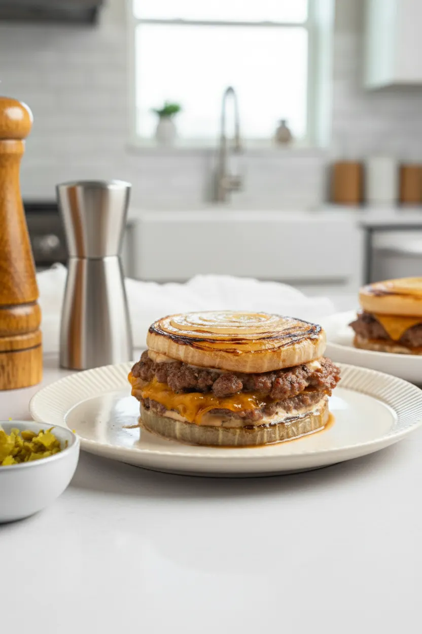 An Onion Wrapped Flying Dutchman burger features two thick-cut, caramelized onion slices serving as the bun, encasing a juicy beef patty and melted cheese, all topped with a creamy sauce. It's served on a light gray textured surface with a blurred background including a pepper mill and a bowl of pickles.