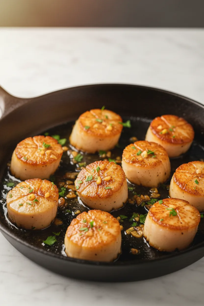 Close-up of pan-seared scallops with lemon butter sauce, garnished with parsley and garlic, showcasing a golden-brown crust and a glistening texture.