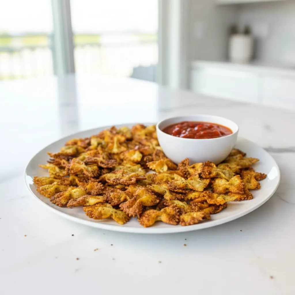 Crispy fried farfalle pasta chips, seasoned with herbs, served with a side of marinara sauce in a white bowl. A delicious Pasta Chips Recipe.