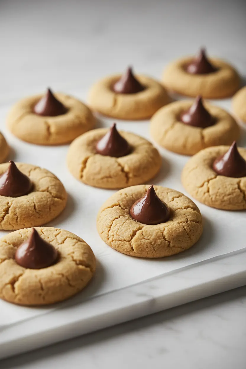 Peanut butter blossom cookies with a Hershey's Kiss pressed into the center of each cookie. The cookies are golden brown and slightly cracked, arranged on a light-colored surface.