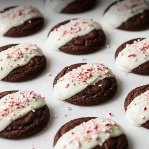 Several peppermint mocha cookies are arranged on white parchment paper. The cookies are chocolate with crinkled surfaces, half-dipped in glossy white chocolate and sprinkled with crushed peppermint candy.