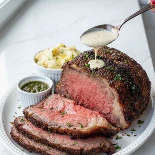 A perfectly roasted bone-in standing rib roast, medium-rare, with a dark brown crust seasoned with garlic herb butter, garnished with fresh parsley, sitting on a wooden cutting board next to mashed potatoes and a pie, on a checkered cloth.