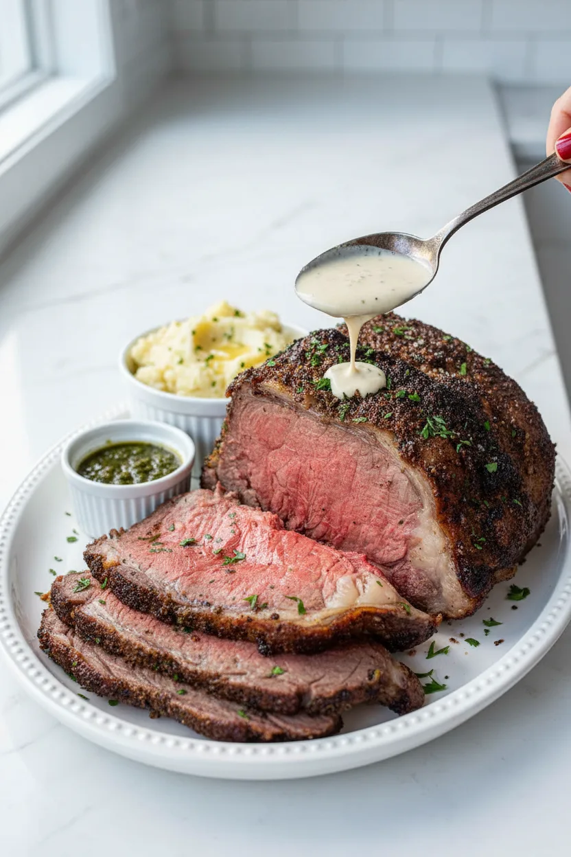 A perfectly roasted bone-in standing rib roast, medium-rare, with a dark brown crust seasoned with garlic herb butter, garnished with fresh parsley, sitting on a wooden cutting board next to mashed potatoes and a pie, on a checkered cloth.