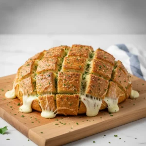 Close-up of pull-apart cheesy garlic bread with a golden-brown crust, melted cheese, and fresh green herbs sprinkled on top. The bread sits on a wooden cutting board with a blurred blue and white striped cloth in the background.
