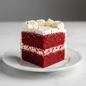 A slice of red velvet cake with two layers and cream cheese frosting. The cake has a moist, slightly porous texture, and the frosting is piped artfully in peaks along the top edge. It showcases the inside layers with frosting.