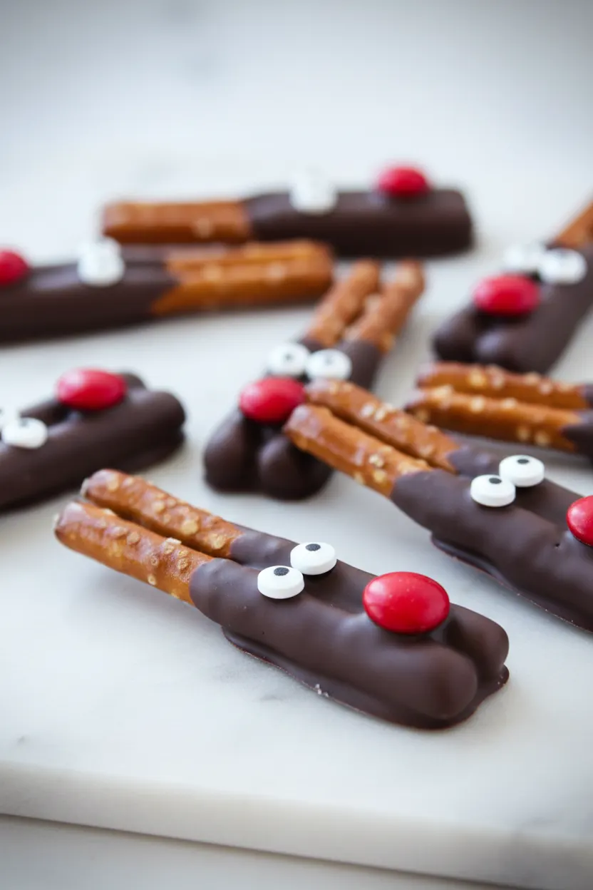 Chocolate-covered pretzel reindeer with pretzel antlers, candy eyes, and a red M&M nose, arranged on parchment paper.