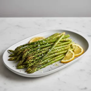 Roasted asparagus with lemon wedges on a ceramic plate. The asparagus spears are glistening with oil, browned at the tips from roasting, and sprinkled with coarse sea salt. Lemon wedges are arranged next to the asparagus.