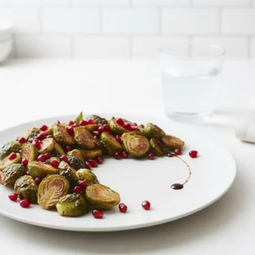 Roasted Brussels sprouts with pomegranate seeds in a dark gray bowl. The sprouts are halved and caramelized, glistening with oil and seasoning. The pomegranate seeds are scattered across the sprouts, adding vibrant pops of red. A gold spoon and a blue plate are visible in the blurred background.