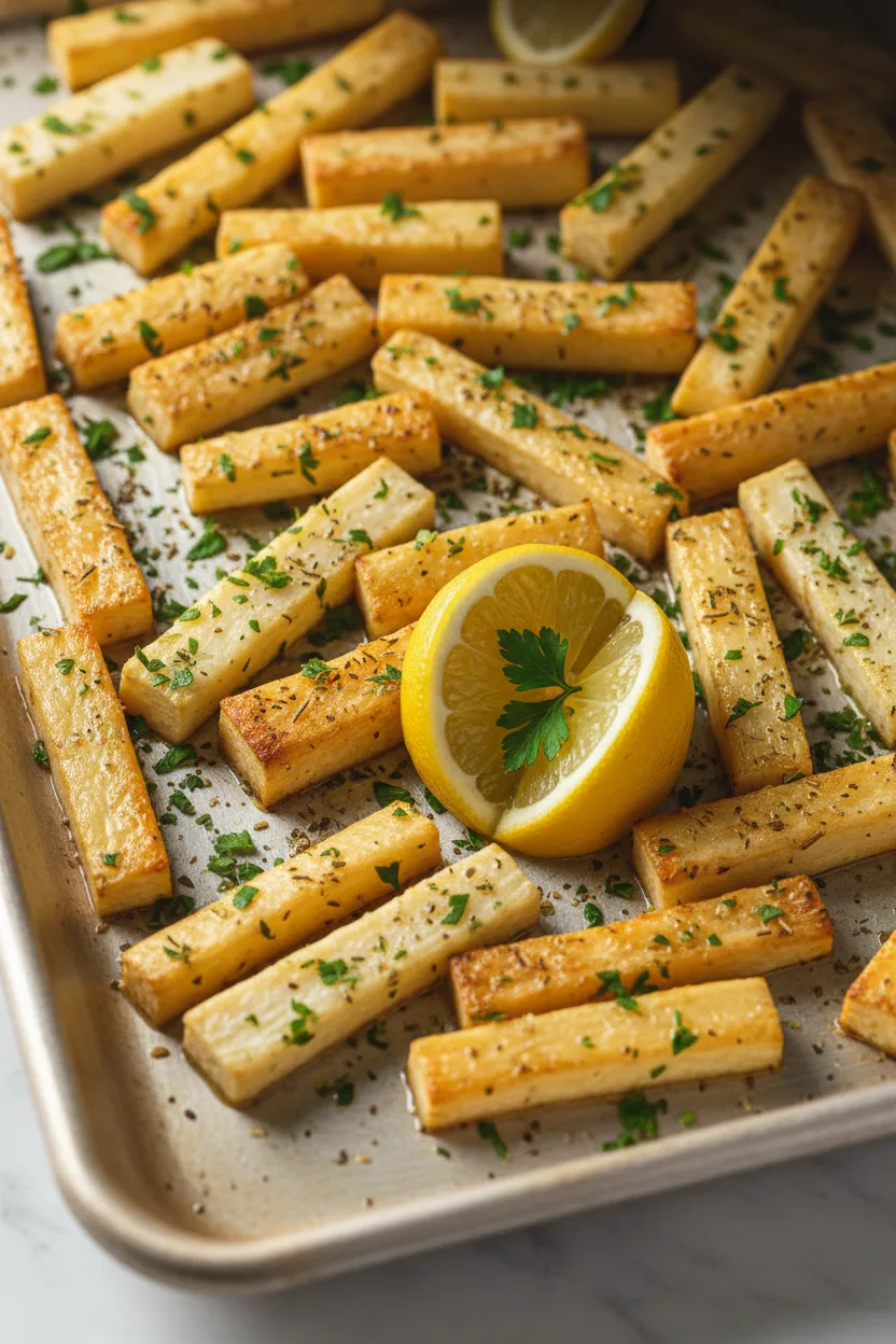 Oven-roasted parsnip fries seasoned with fresh parsley and dried herbs, served with lemon wedges on a baking sheet. The parsnips are golden-brown with slightly caramelized edges.