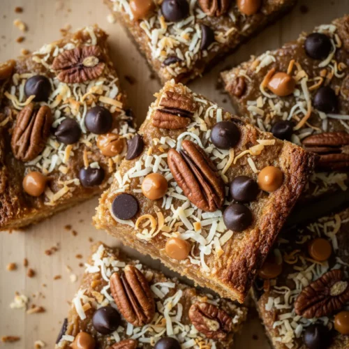 Overhead shot of an assortment of seven layer magic cookie bars, cut into squares. The bars feature layers of shredded coconut, halved pecans, chocolate chips, and caramel candies on a butterscotch-like base.