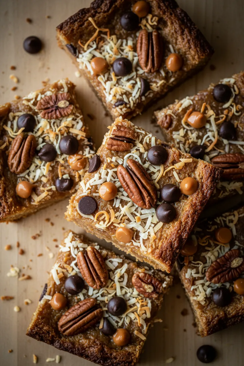 Overhead shot of an assortment of seven layer magic cookie bars, cut into squares. The bars feature layers of shredded coconut, halved pecans, chocolate chips, and caramel candies on a butterscotch-like base.