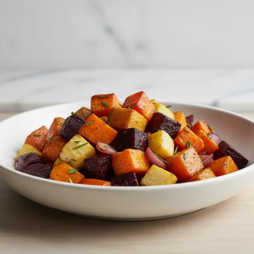 Overhead shot of a baking sheet filled with simple roasted root vegetables including butternut squash, parsnips, and beets, garnished with fresh rosemary sprigs. The vegetables are glistening with oil and showing signs of caramelization.