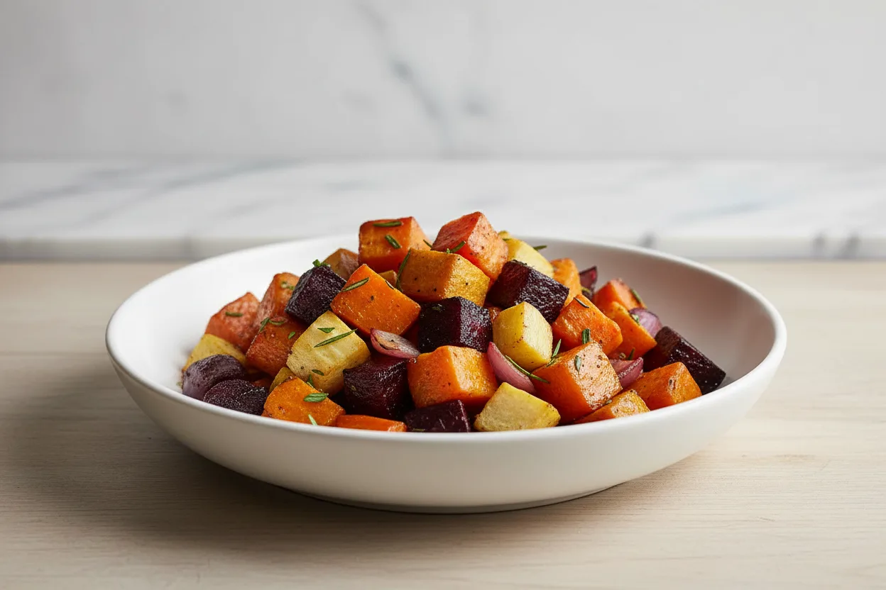 Overhead shot of a baking sheet filled with simple roasted root vegetables including butternut squash, parsnips, and beets, garnished with fresh rosemary sprigs. The vegetables are glistening with oil and showing signs of caramelization.