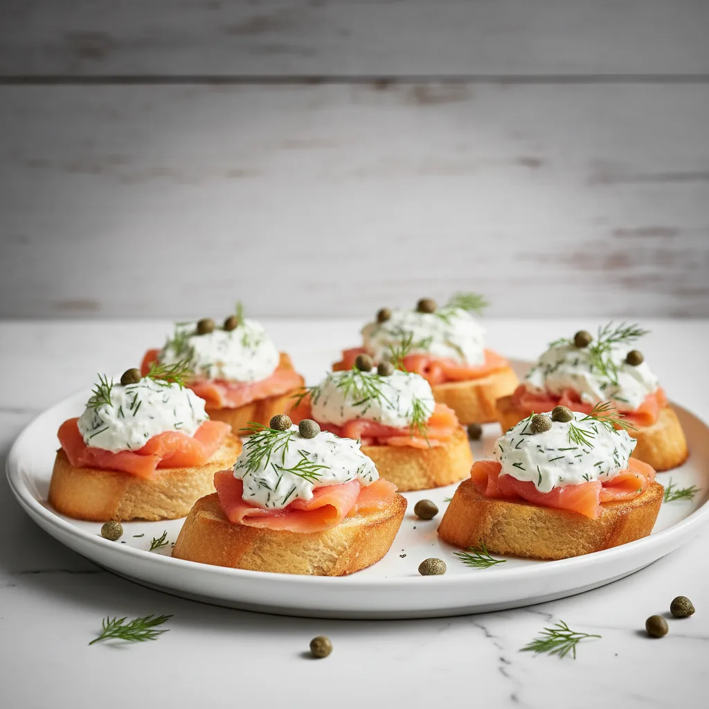 Smoked Salmon Crostini with Dill Cream Cheese. Close-up of toasted baguette slices topped with thinly sliced smoked salmon, whipped cream cheese mixed with dill, and garnished with capers and fresh dill sprigs. Appetizer.