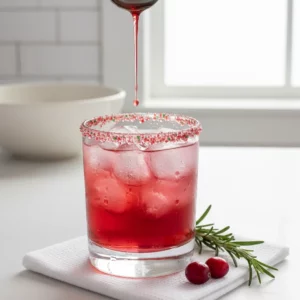 A glass of sparkling cranberry-lime punch with ice, sugared rim, cranberry garnish and rosemary sprig on a white cloth surface.