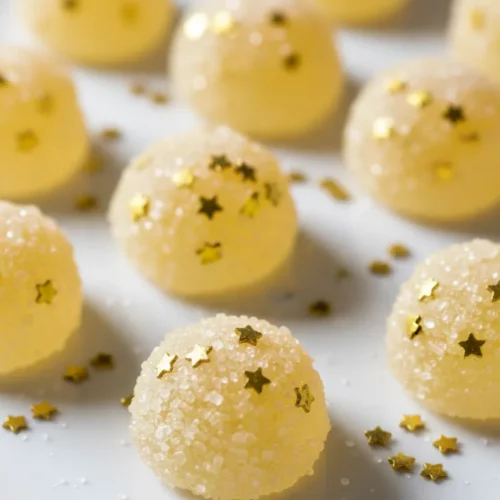 Close-up of light yellow, translucent gummy candies coated in coarse granulated sugar and golden star sprinkles, showcasing Sparkling Grape Juice Jello Bites.