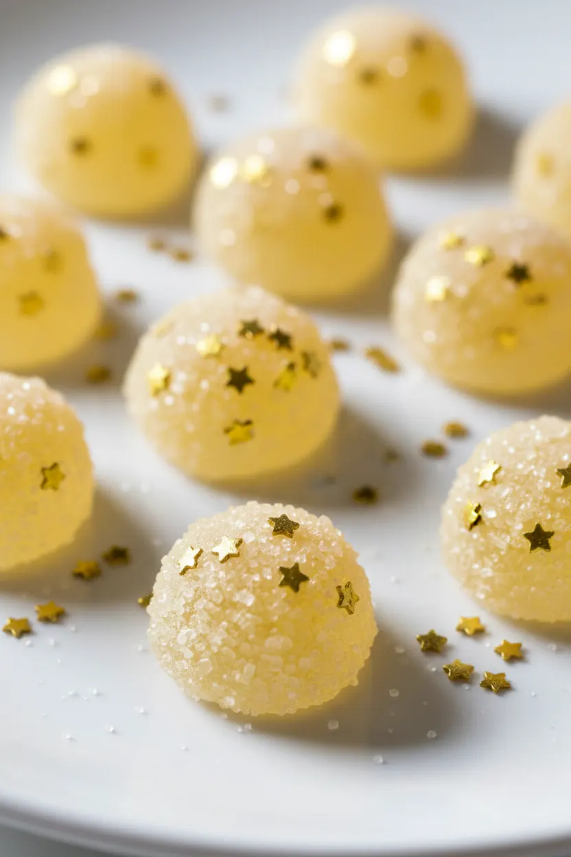 Close-up of light yellow, translucent gummy candies coated in coarse granulated sugar and golden star sprinkles, showcasing Sparkling Grape Juice Jello Bites.