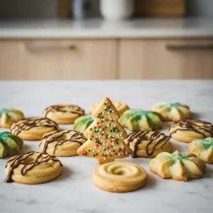 Overhead shot of Christmas spritz cookies, the main cookie being a Christmas tree shape decorated with red, green, and white sprinkles, surrounded by other butter cookies with various festive decorations on a marble surface.