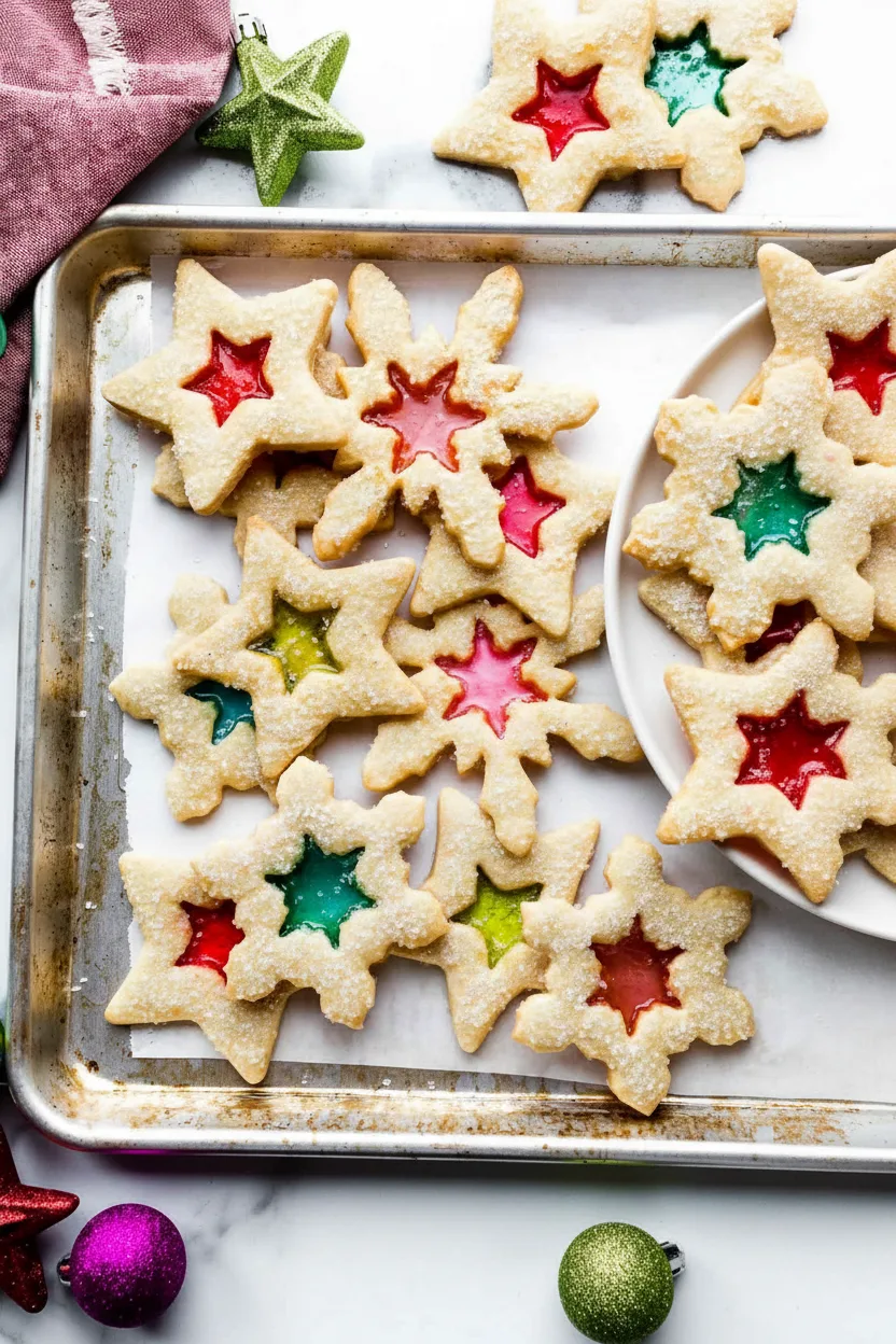 Star and snowflake-shaped sugar cookies with melted hard candy filling the star cutouts in the center, creating a stained glass window effect. The cookies are sprinkled with coarse sugar and arranged on a baking sheet with Christmas ornaments in the background.