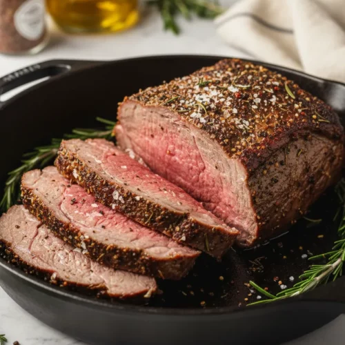 A bone-in Standing Rib Roast, also known as Prime Rib, sliced to medium-rare, displaying a pink center, browned crust with herbs and seasonings, resting on a black cast iron pan with rosemary sprigs.