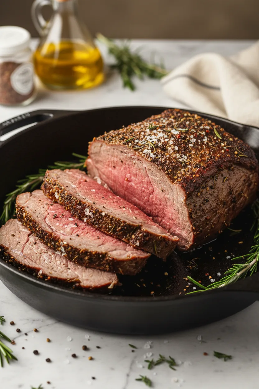 A bone-in Standing Rib Roast, also known as Prime Rib, sliced to medium-rare, displaying a pink center, browned crust with herbs and seasonings, resting on a black cast iron pan with rosemary sprigs.