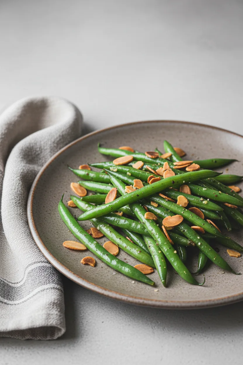 Steamed green beans with toasted almond slices and seasoning on a rustic ceramic plate. The dish is arranged on a light grey surface next to a folded grey and white striped linen cloth. High-angle shot showing the textures and colors of the Steamed Green Beans with Almonds.