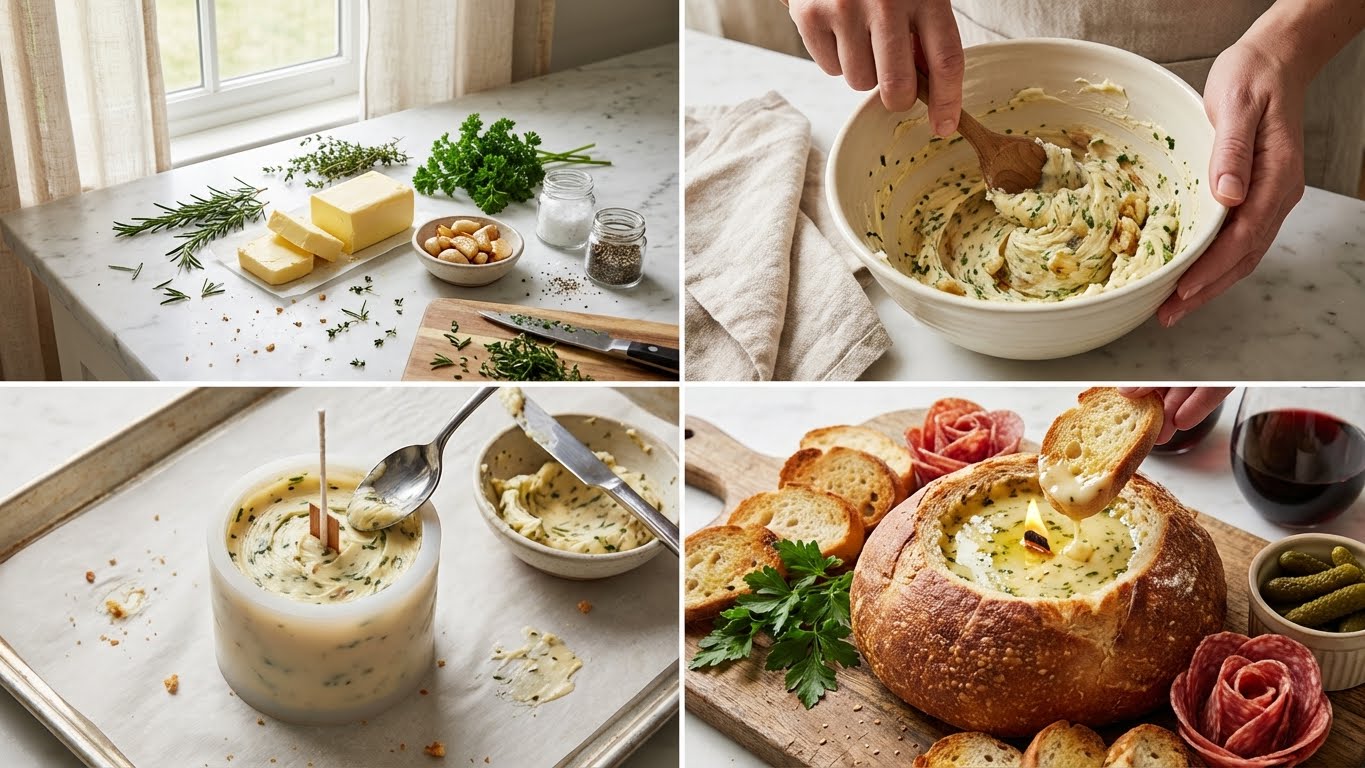 Butter candle recipe steps collage showing herbed butter preparation, mixing, molding with wick, and final butter candle in a bread bowl