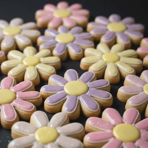 Close-up of daisy-shaped sugar cookies decorated with pink, purple, and yellow royal icing petals and pale yellow centers, showcasing sugar cookie decorating ideas.