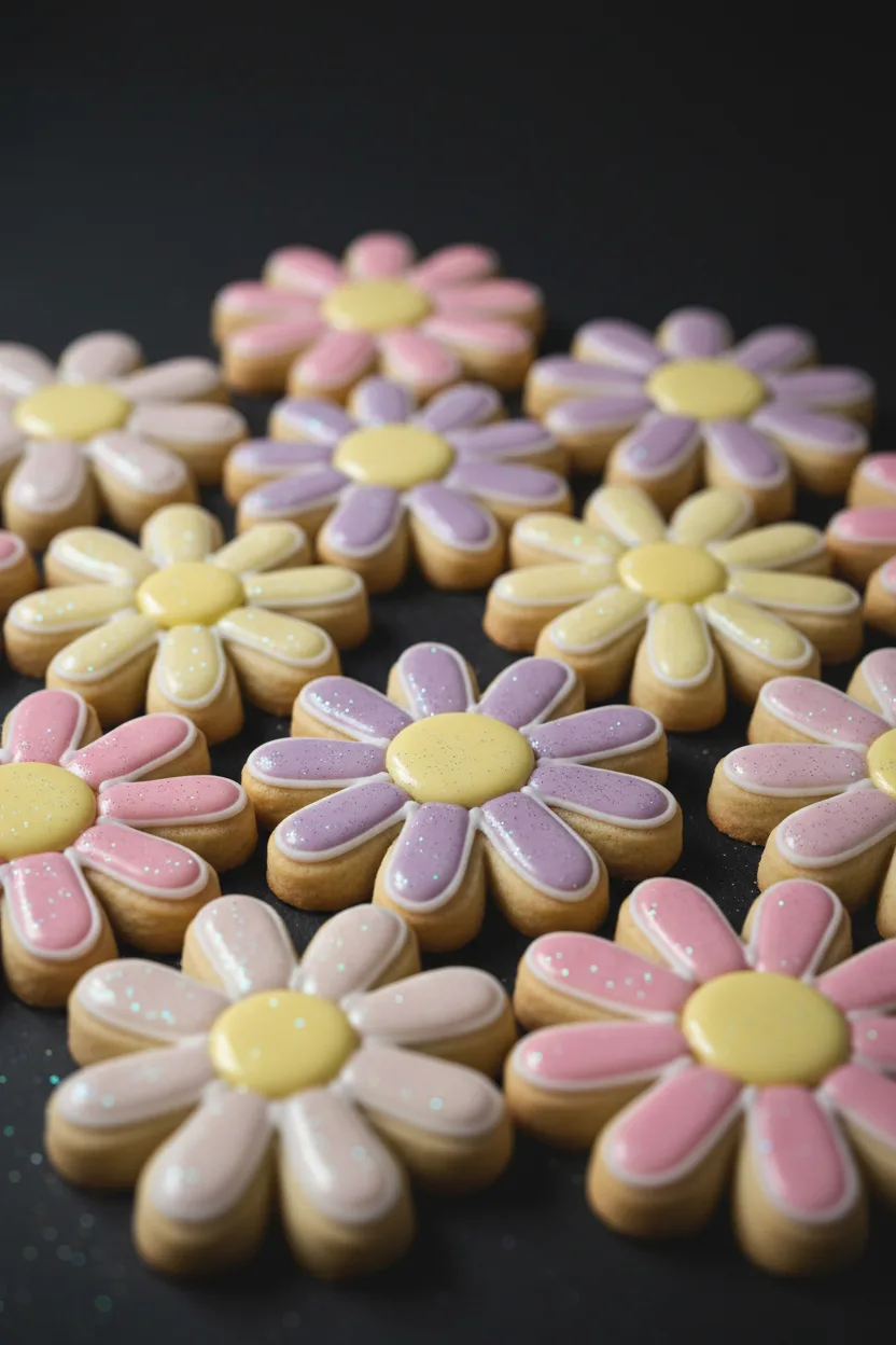Close-up of daisy-shaped sugar cookies decorated with pink, purple, and yellow royal icing petals and pale yellow centers, showcasing sugar cookie decorating ideas.