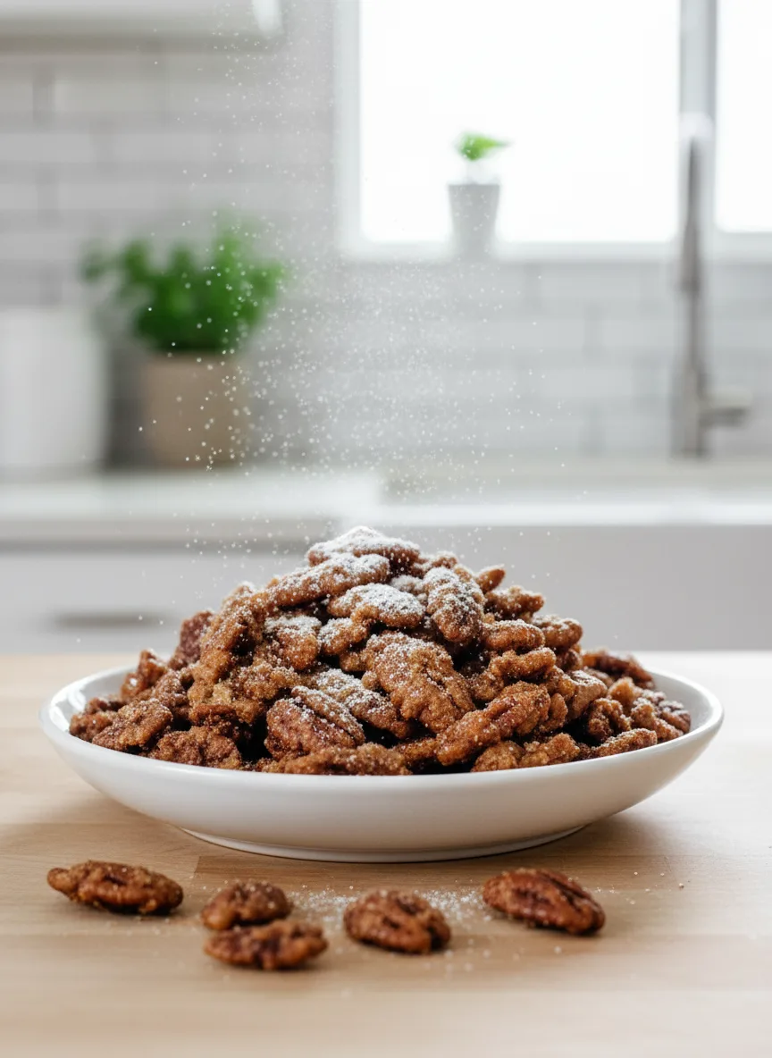 Close-up of sweet and spicy candied pecans, halves and pieces, coated in crystallized sugar with visible salt crystals. The pecans have a rich brown color and are arranged on a dark rimmed baking sheet with parchment paper.