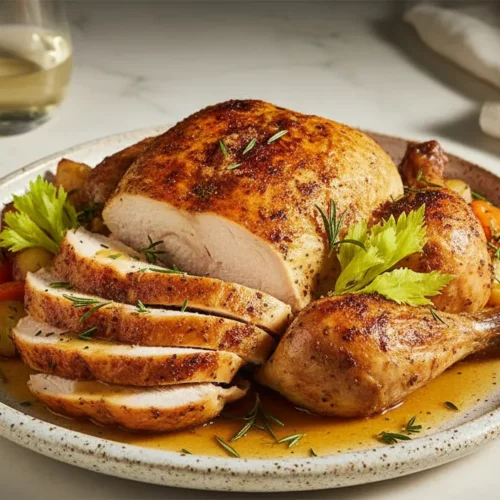 A whole roasted chicken, deeply golden brown and glistening with rendered fat, sits in a copper roasting pan. The skin is evenly browned and sprinkled with black pepper and coarse sea salt. Pan drippings form a shallow, glossy sauce at the bottom of the pan. This is the juiciest roasted chicken.