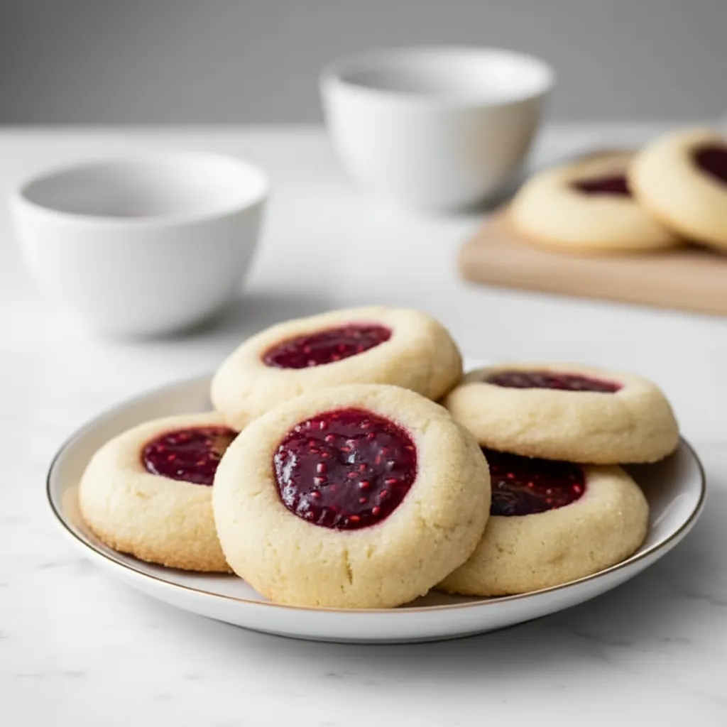 Close-up of thumbprint cookies with raspberry jam filling on a white plate with a gold rim, showcasing their golden crust and the vibrant red jam. Coarse sugar coats the cookies, adding a sparkling texture.