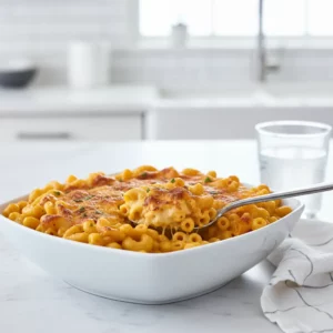 Tini's Mac and Cheese in a white ceramic baking dish. The elbow macaroni is covered in a creamy, cheddar-based cheese sauce with a browned, bubbling crust. A wooden spoon is partially submerged, and fresh parsley sprigs garnish the dish.