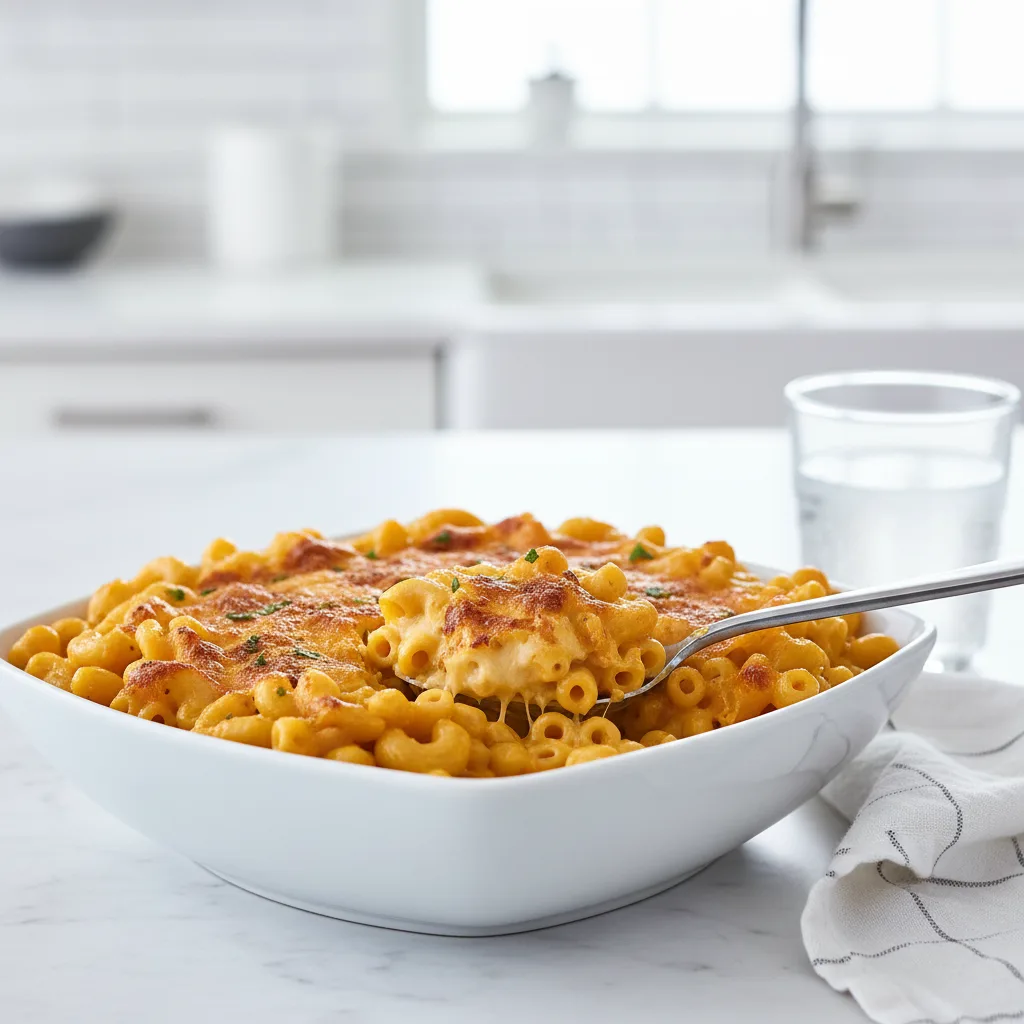 Tini's Mac and Cheese in a white ceramic baking dish. The elbow macaroni is covered in a creamy, cheddar-based cheese sauce with a browned, bubbling crust. A wooden spoon is partially submerged, and fresh parsley sprigs garnish the dish.