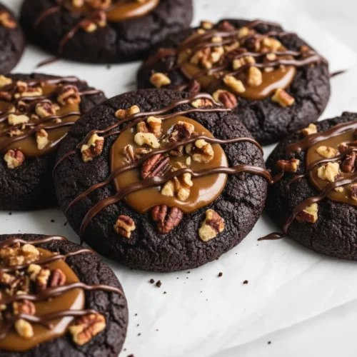 Turtle cookies featuring a dark brown cookie base encrusted with pecans and walnuts, filled with soft caramel and drizzled with chocolate on white parchment paper.