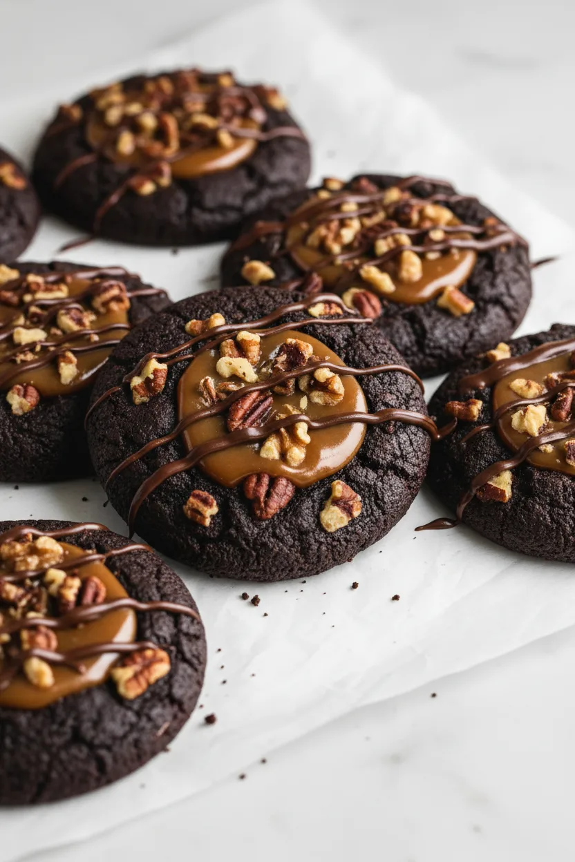 Turtle cookies featuring a dark brown cookie base encrusted with pecans and walnuts, filled with soft caramel and drizzled with chocolate on white parchment paper.