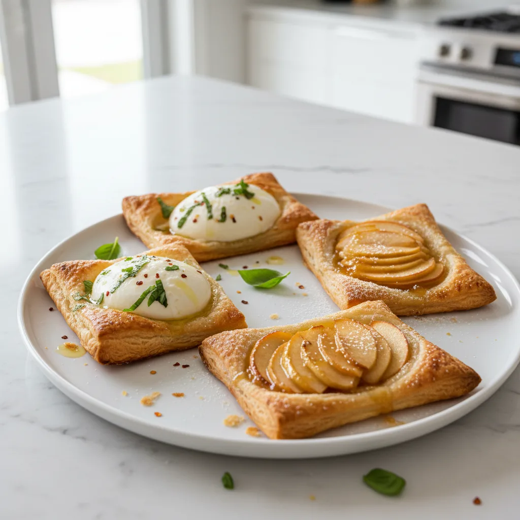 Four individual upside down puff pastry tarts are arranged on a light brown wooden surface. Two are topped with glazed apples dusted with powdered sugar, and two are topped with creamy cheese, fresh basil, and red pepper flakes. Olive oil is drizzled on the cheese tarts.