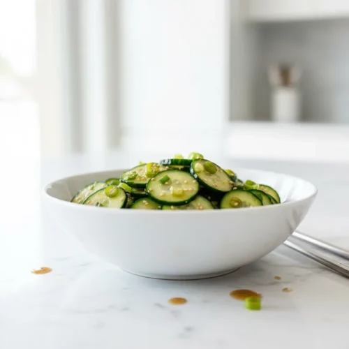 A clear plastic bowl filled with Asian-style Viral Cucumber Salad Recipe featuring sliced cucumbers, sesame seeds, and chopped green onions held outdoors in bright sunlight with a green grass background.