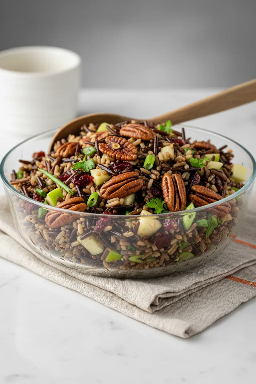 A vibrant wild rice and cranberry salad in a clear glass bowl. The salad features a mix of wild rice, pecans, diced green apples, dried cranberries, and thinly sliced green onions, dressed with a light coating.