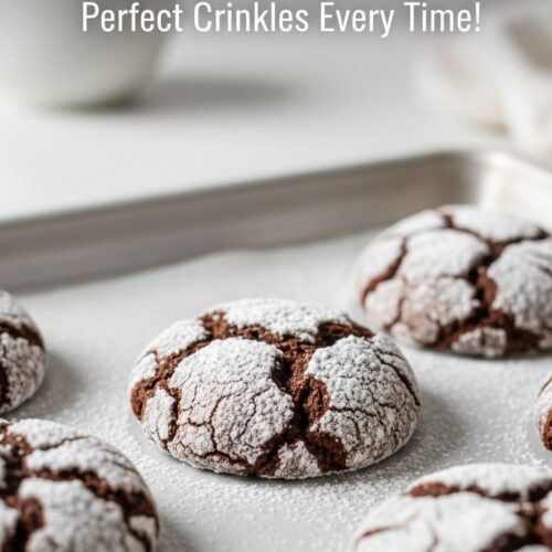Close-up of chocolate crinkle cookies coated in powdered sugar. The cookies are deeply cracked, revealing a dark chocolate interior. The powdered sugar is unevenly distributed, creating variations in texture and color. Soft, diffused light highlights the cracks and sugar coating.