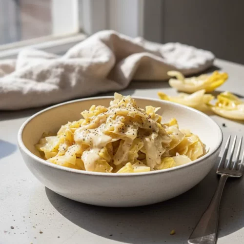 Braised endives coated in a creamy alfredo sauce, generously sprinkled with black pepper, served on a white ceramic plate with a blue stripe. This alfredo cabbage recipe features tender, slightly caramelized endive pieces.