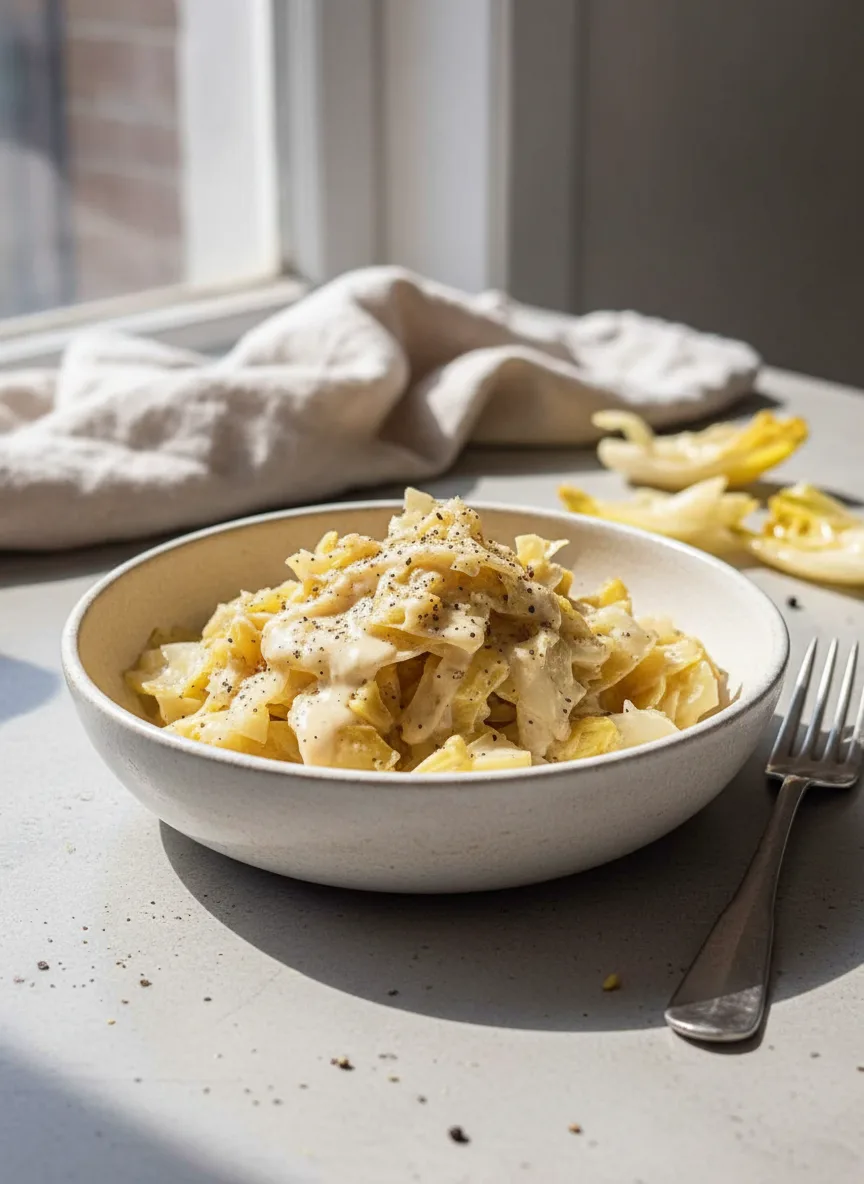 Braised endives coated in a creamy alfredo sauce, generously sprinkled with black pepper, served on a white ceramic plate with a blue stripe. This alfredo cabbage recipe features tender, slightly caramelized endive pieces.