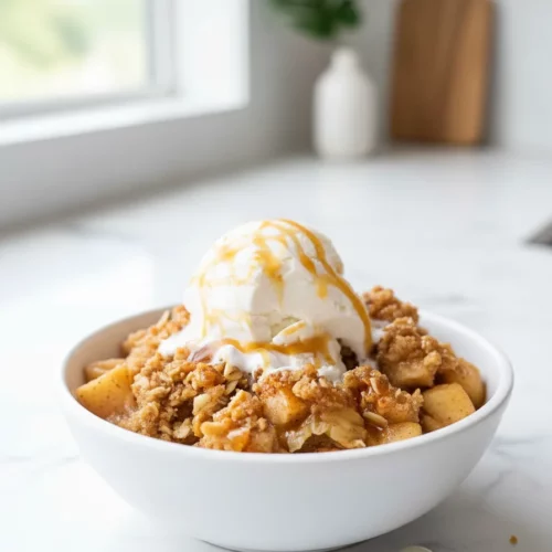 A bowl of homemade apple crisp topped with a generous scoop of vanilla ice cream and caramel drizzle. The apple filling consists of irregularly cut, caramelized apple pieces, and the crumble topping is golden and slightly sticky, mixed with oat-like flakes. The ice cream appears slightly melted.