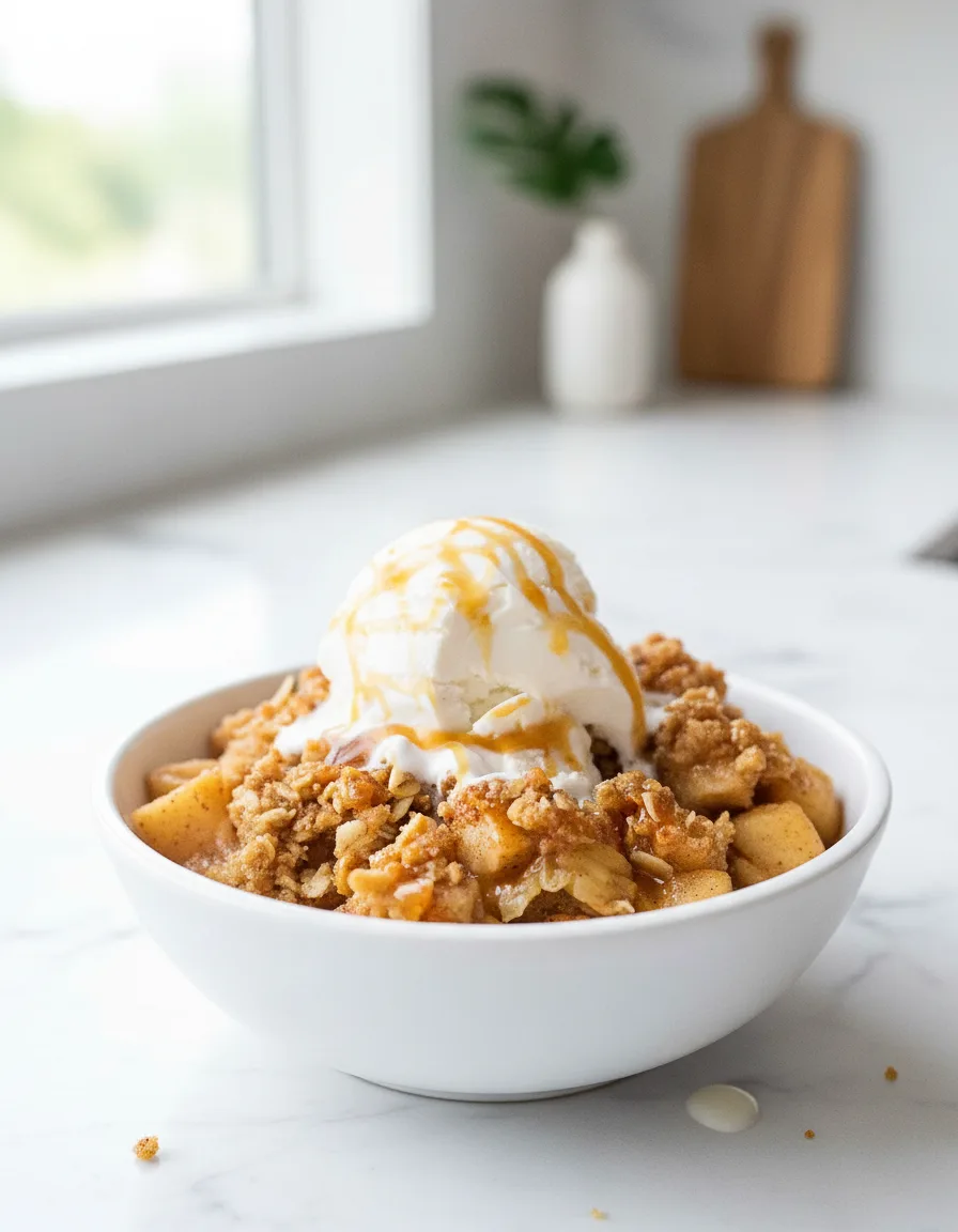A bowl of homemade apple crisp topped with a generous scoop of vanilla ice cream and caramel drizzle. The apple filling consists of irregularly cut, caramelized apple pieces, and the crumble topping is golden and slightly sticky, mixed with oat-like flakes. The ice cream appears slightly melted.