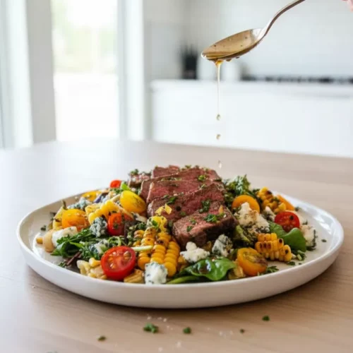 A sliced medium-rare steak sits atop a vibrant salad composed of lettuce, pasta, cherry tomatoes, corn, and gorgonzola cheese, dressed with a light vinaigrette. Fresh herbs garnish the steak, highlighting the Maillard reaction and careful seasoning. This is a balsamic steak gorgonzola salad recipe.