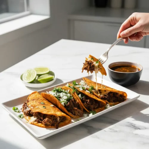 Three birria tacos filled with shredded braised beef, topped with chopped white onion and cilantro, served with a bowl of consommé for dipping.
